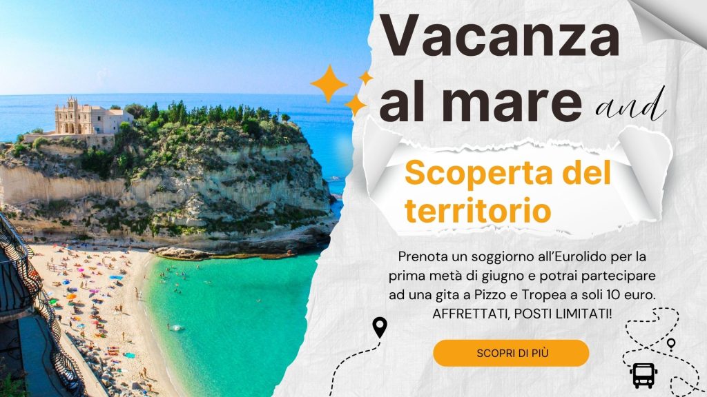 Veduta panoramica di Tropea con il Santuario di Santa Maria dell’Isola e la spiaggia, promozione Eurolido per escursione Pizzo e Tropea giugno